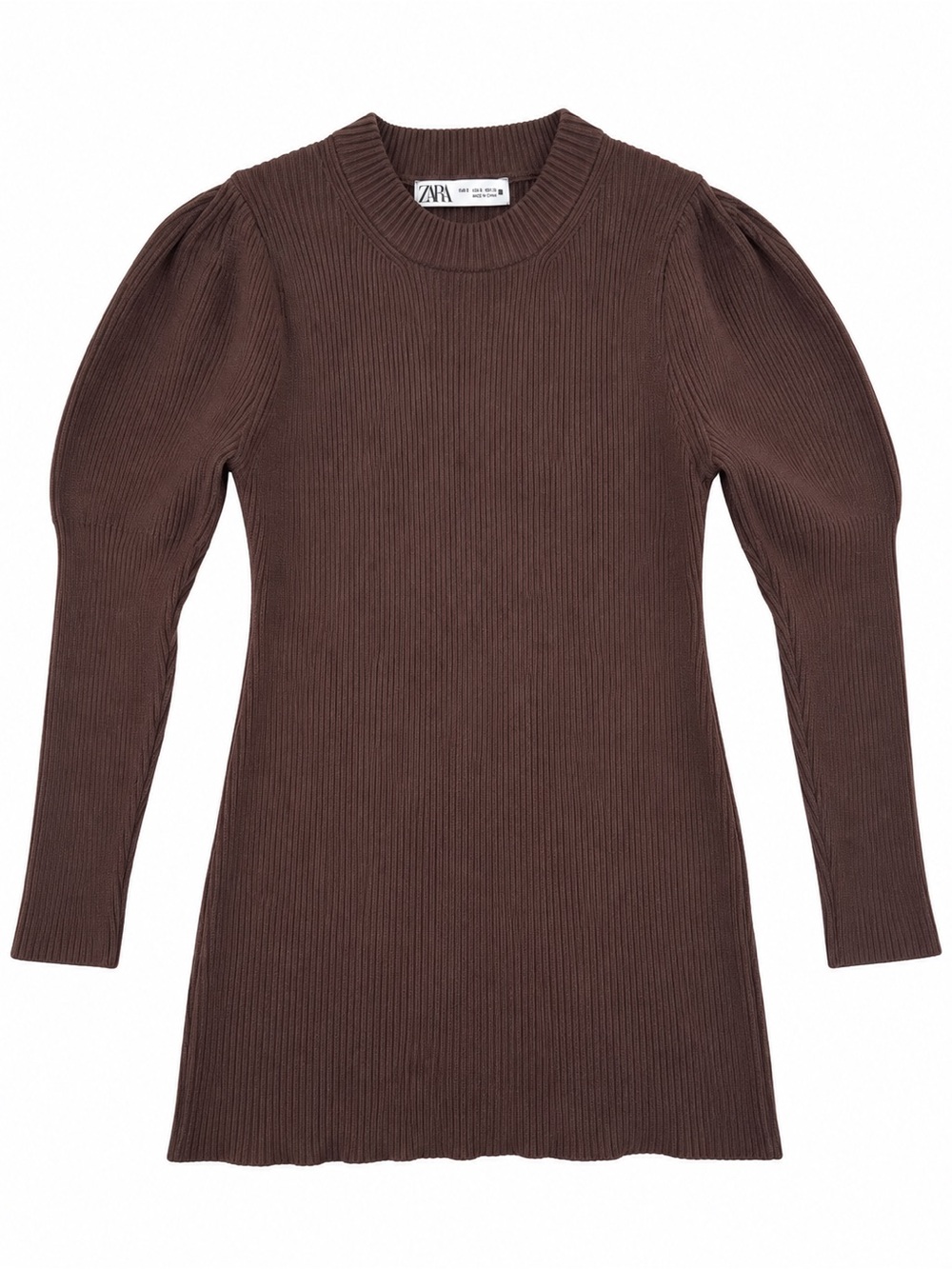 ZARA Y2K Chocolate Brown Ribbed Puff-Sleeve Long Sleeve Dress - Size Small NWOT
